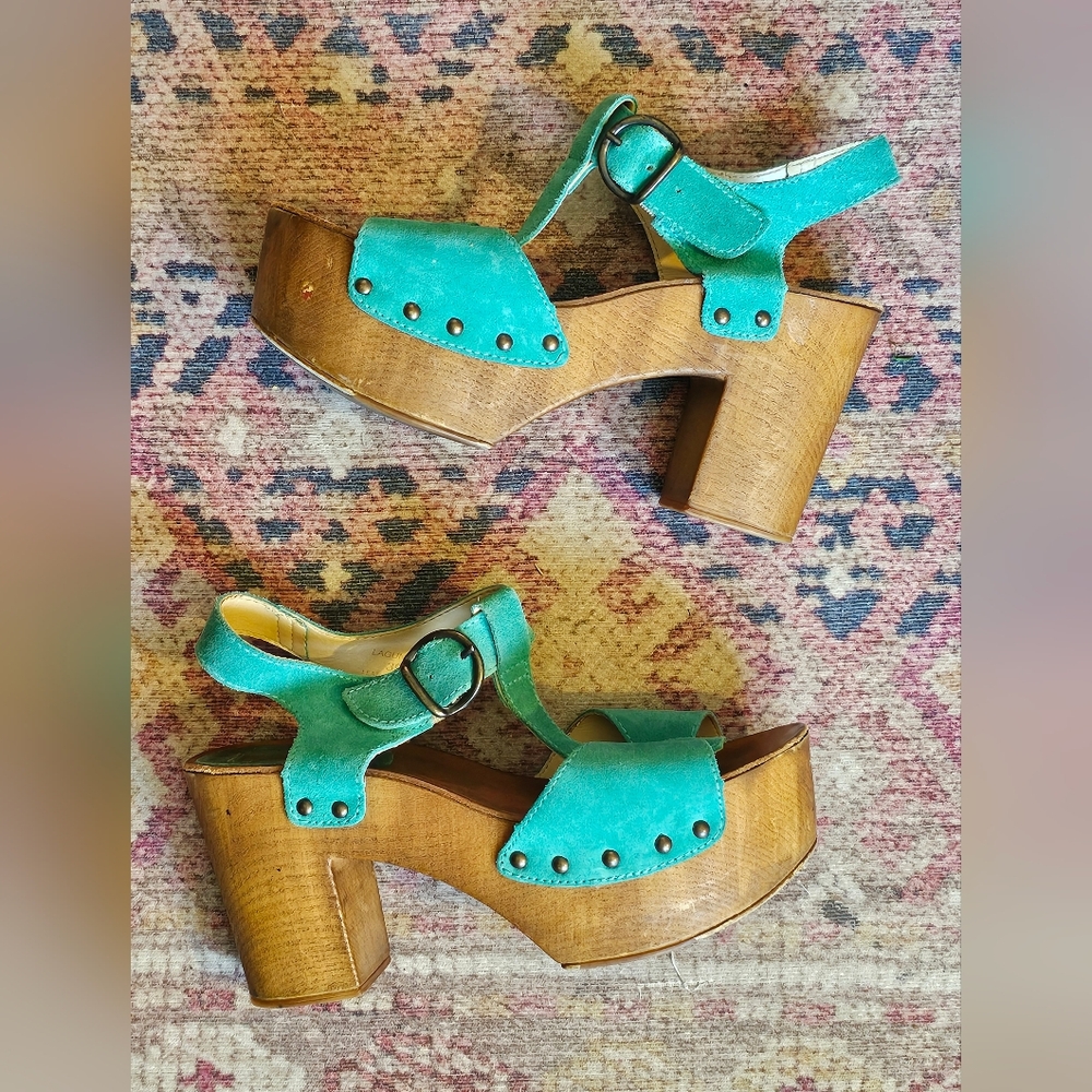 Vintage Suede Turquoise Wooden Platform Sandals Size 39